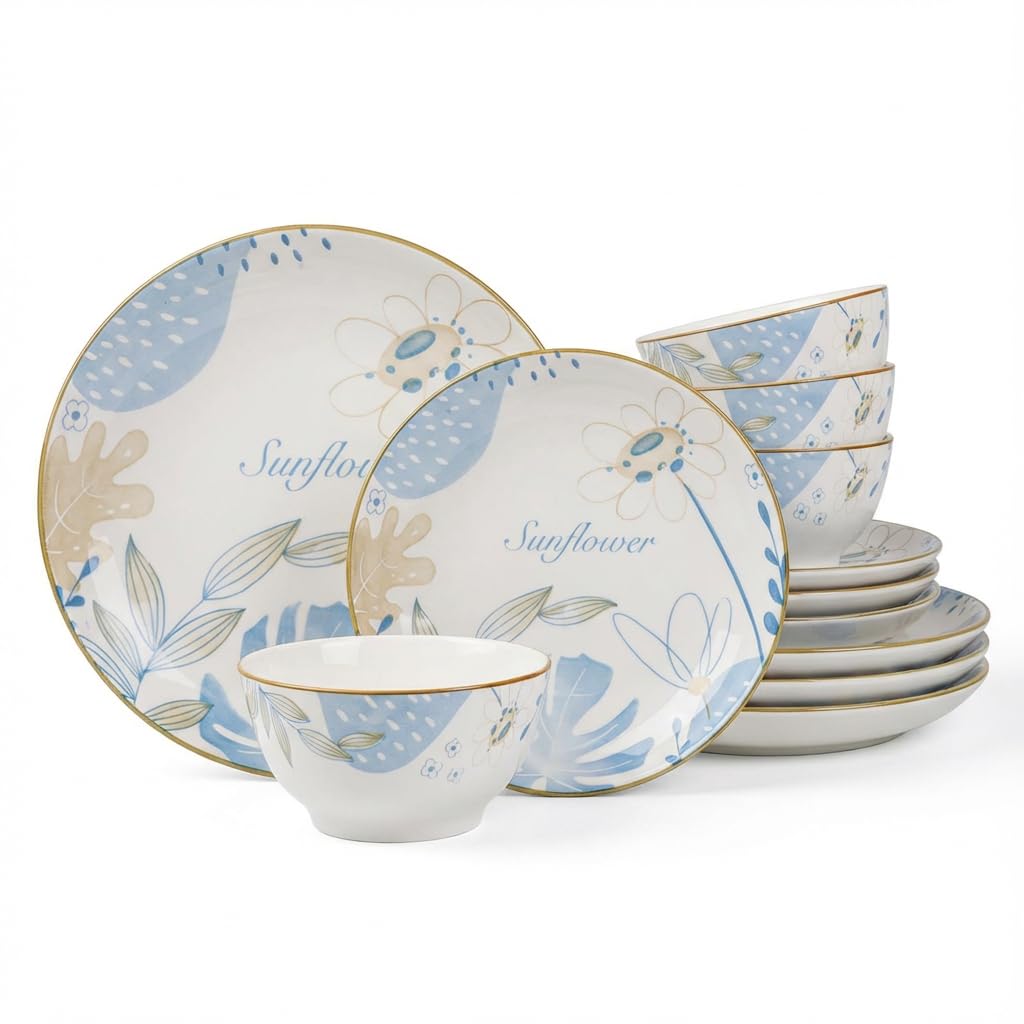 12-Piece Blue Floral Ceramic Dinnerware Set C565
