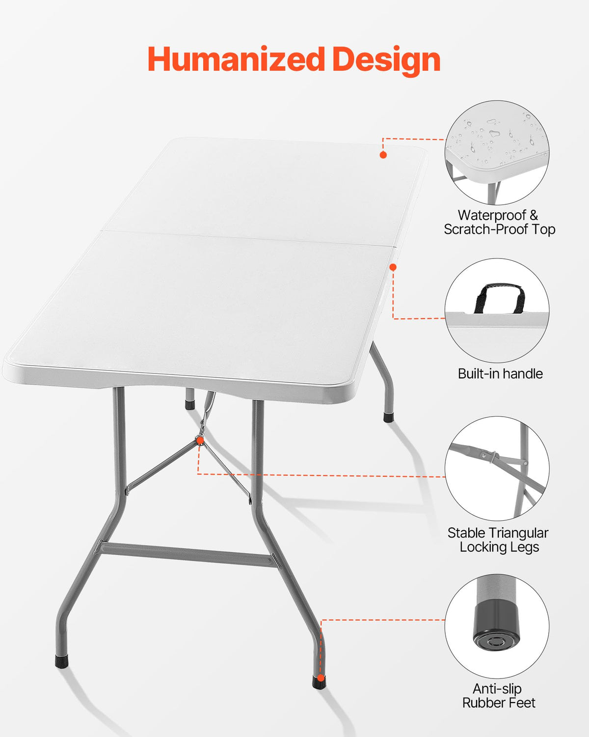 Folding Table, Heavy Duty Portable Fold-in-Half Utility Table, Indoor Outdoor Plastic Rectangle Table with Built in Handle, 6 ft, White P7941