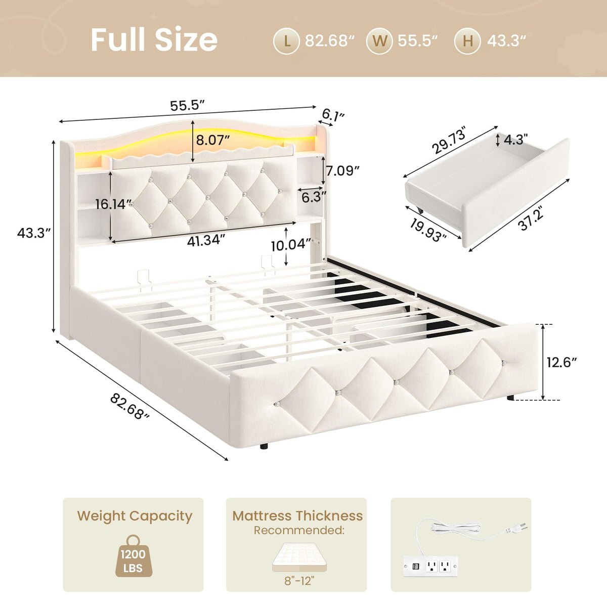 Full Size Velvet Upholstered Platform Bed with 4 Storage Drawers D527745