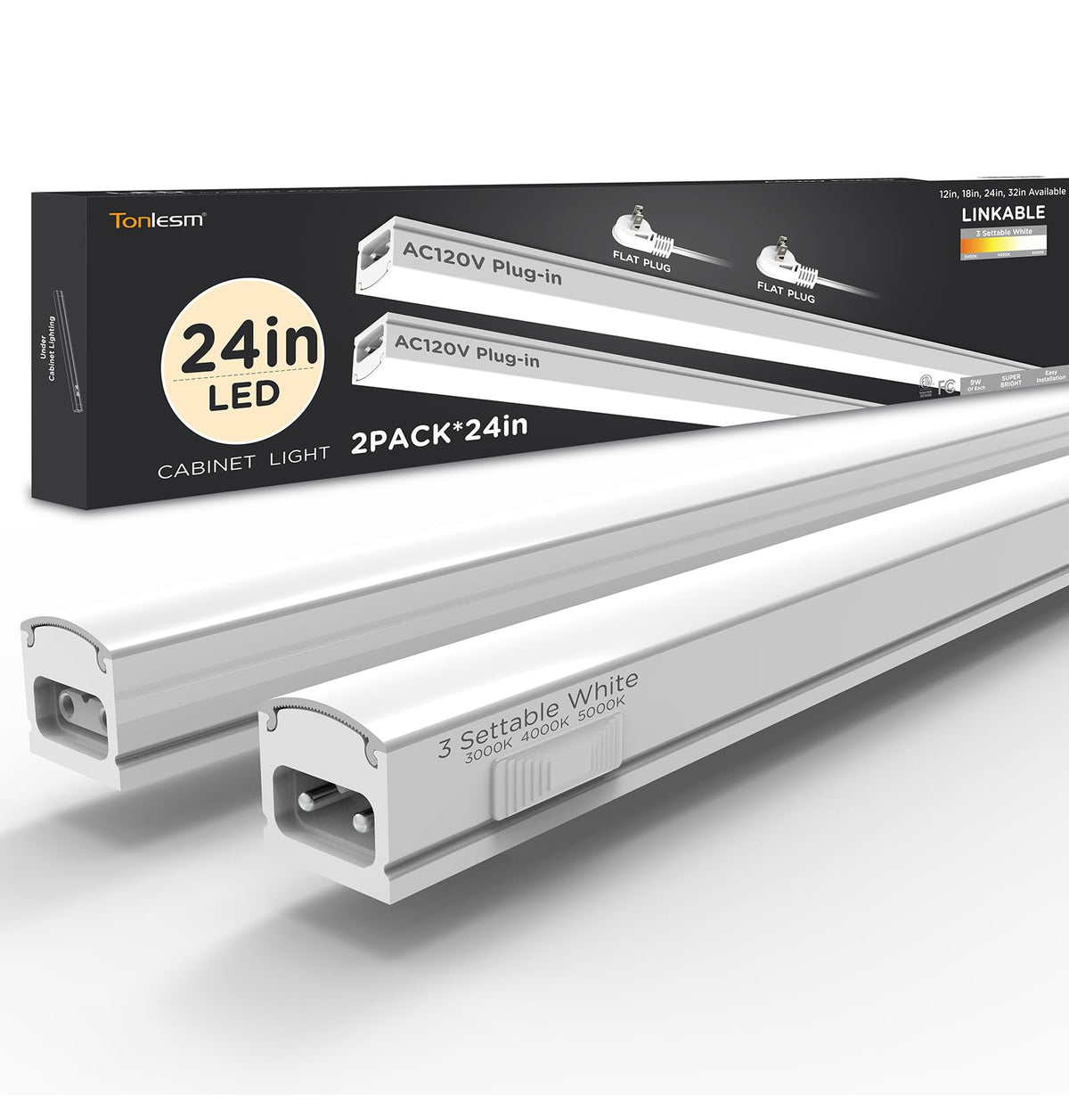 Under Cabinet Lighting Plug in AC120V 3CCT 3000/4000/5000K Linkable Ultra Slim LED Cabinet Light 24inch White 2Pack Y613