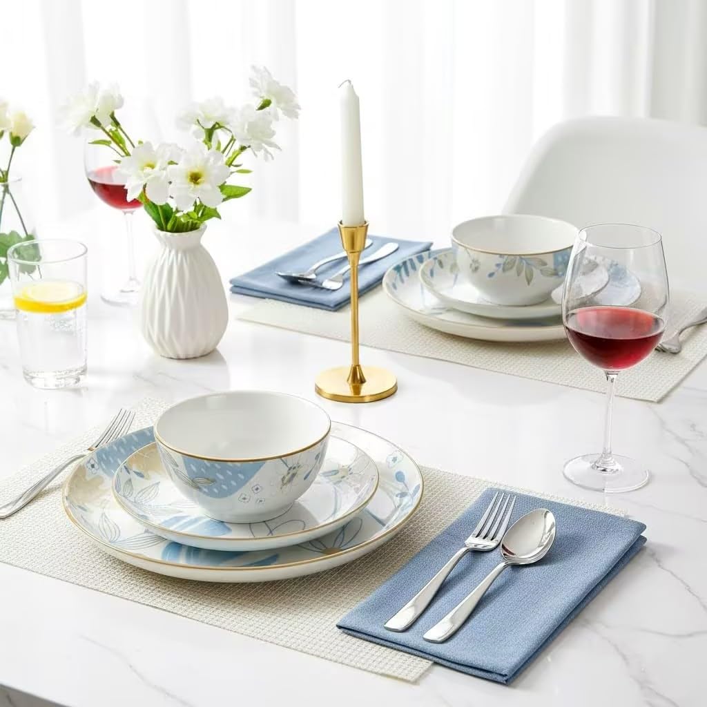 12-Piece Blue Floral Ceramic Dinnerware Set C565