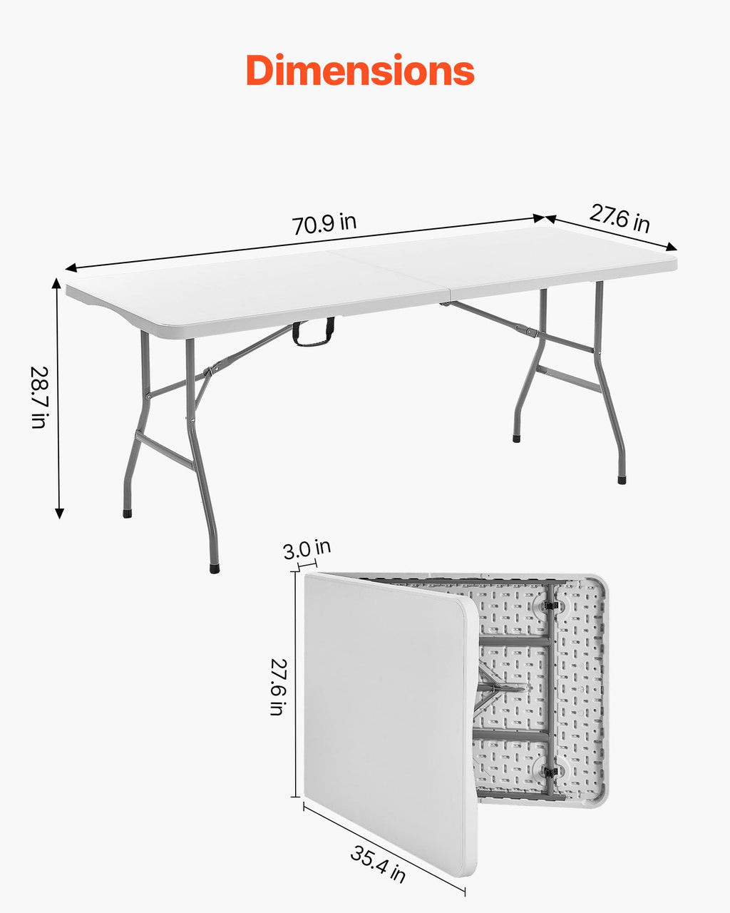 Folding Table, Heavy Duty Portable Fold-in-Half Utility Table, Indoor Outdoor Plastic Rectangle Table with Built in Handle, 6 ft, White P7941