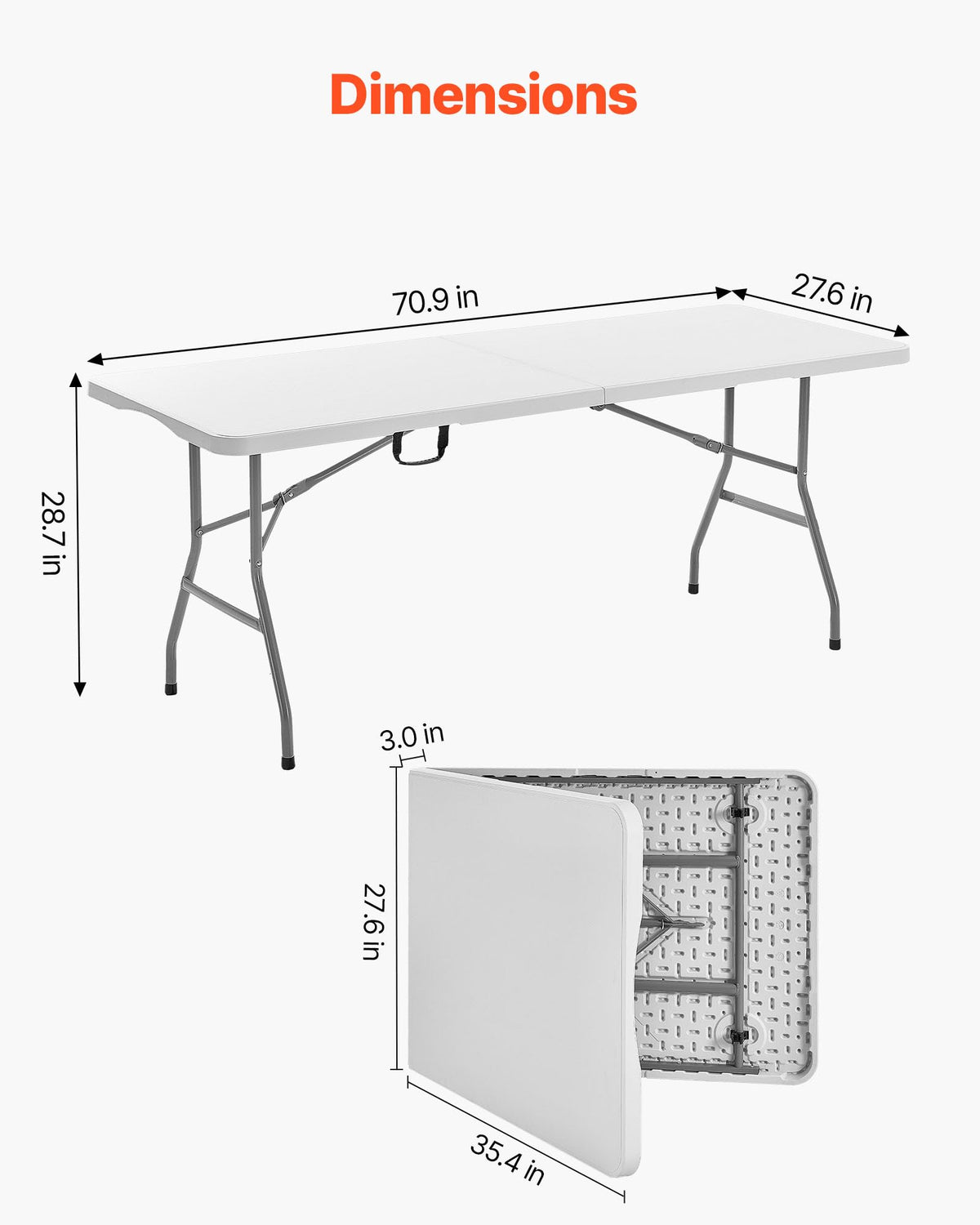 Folding Table, Heavy Duty Portable Fold-in-Half Utility Table, Indoor Outdoor Plastic Rectangle Table with Built in Handle, 6 ft, White P7941
