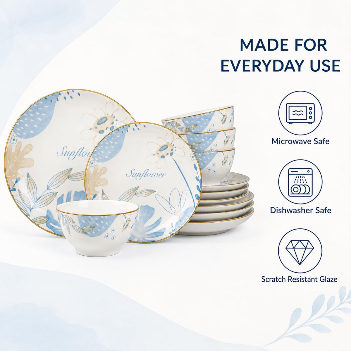 12-Piece Blue Floral Ceramic Dinnerware Set C565