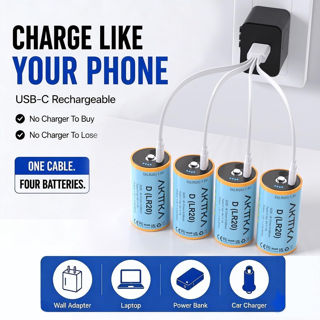 4 Pack Rechargeable D Batteries 1.5V Lithium O919397