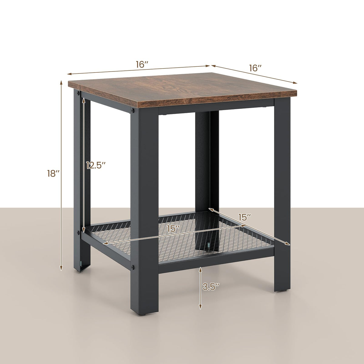 2-Tier End Table Set of 2, 16 Inch Side Table with Mesh Storage Shelf L22311