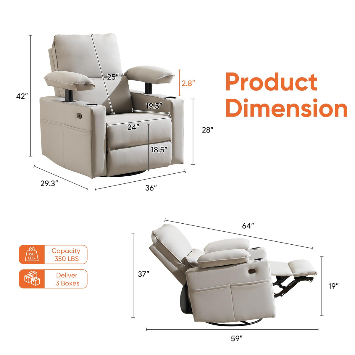 Oversized Power Swivel Rocker Recliner with Heating and Massage, Faux Leather, Grey C284
