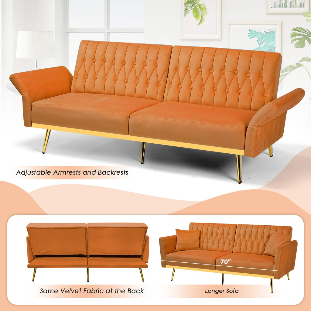 70" Velvet Futon with Adjustable Backrest and Armrests J7398