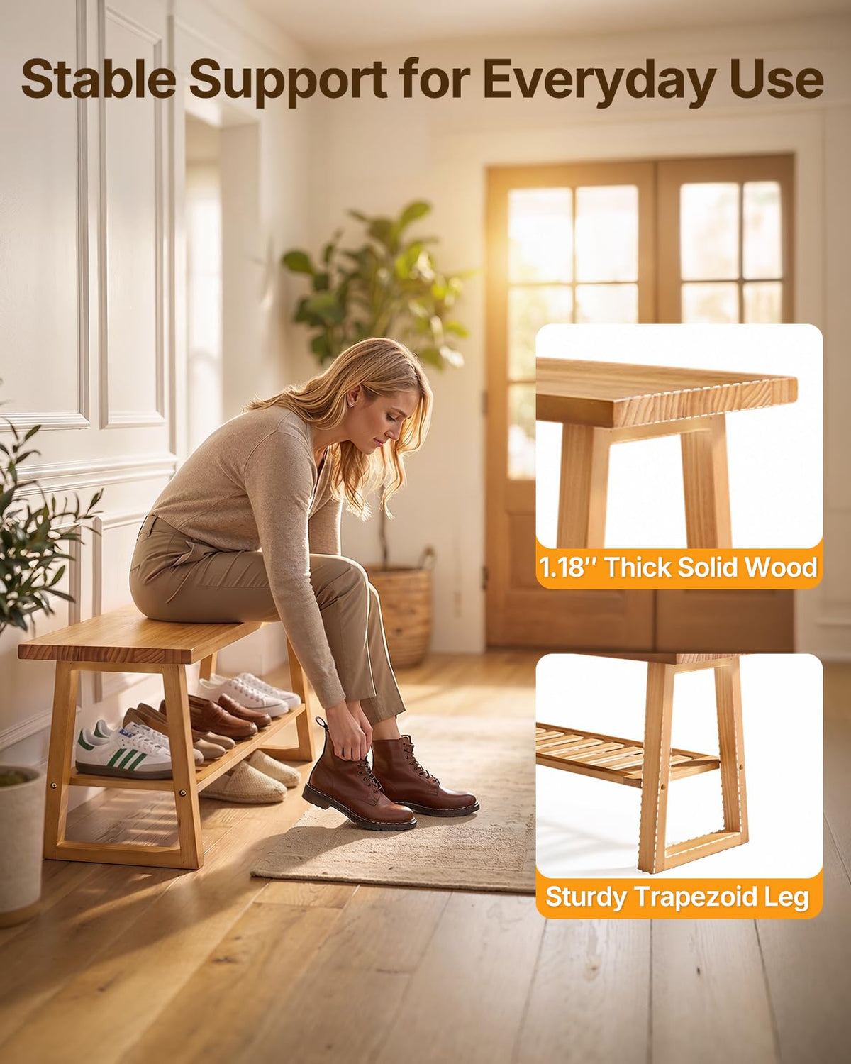 Pine Wood Entryway Bench with Shoe Storage Shelf M779226