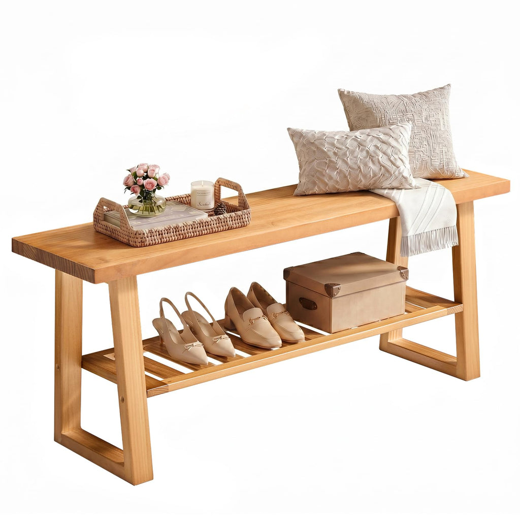 Pine Wood Entryway Bench with Shoe Storage Shelf M779226