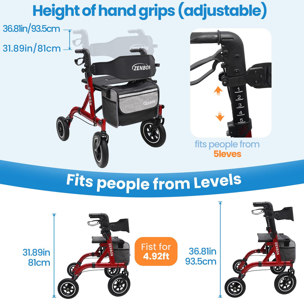 Foldable Rolling Walker with Seat 330 lbs Capacity 10 inch Wheels E871643