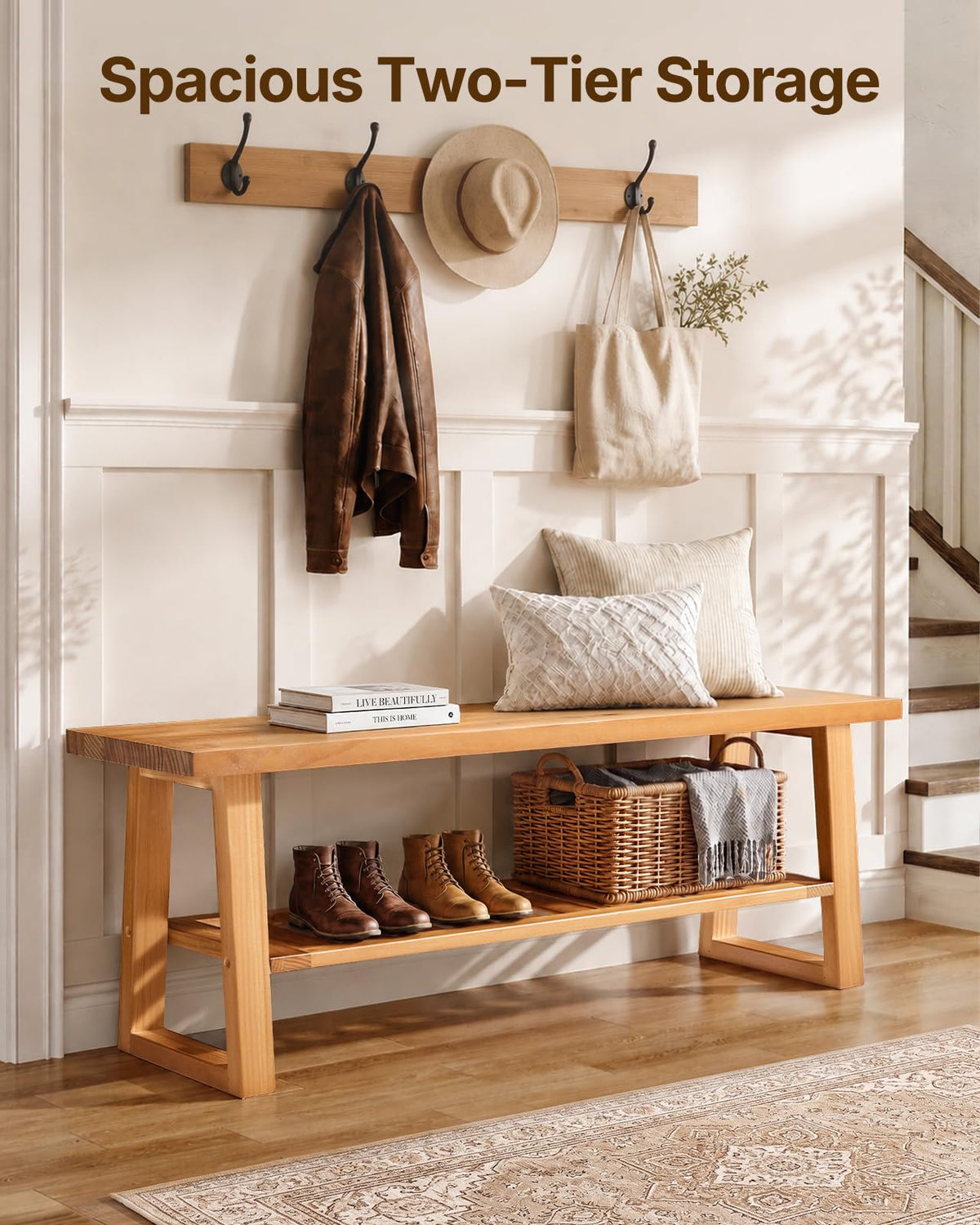 Pine Wood Entryway Bench with Shoe Storage Shelf M779226