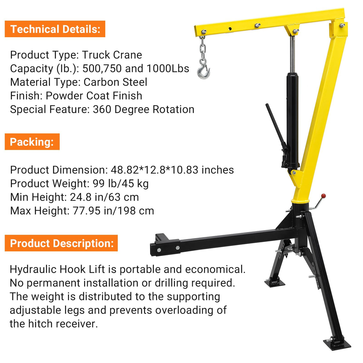 Hydraulic Pickup Truck Crane 1000 lbs Capacity M76024