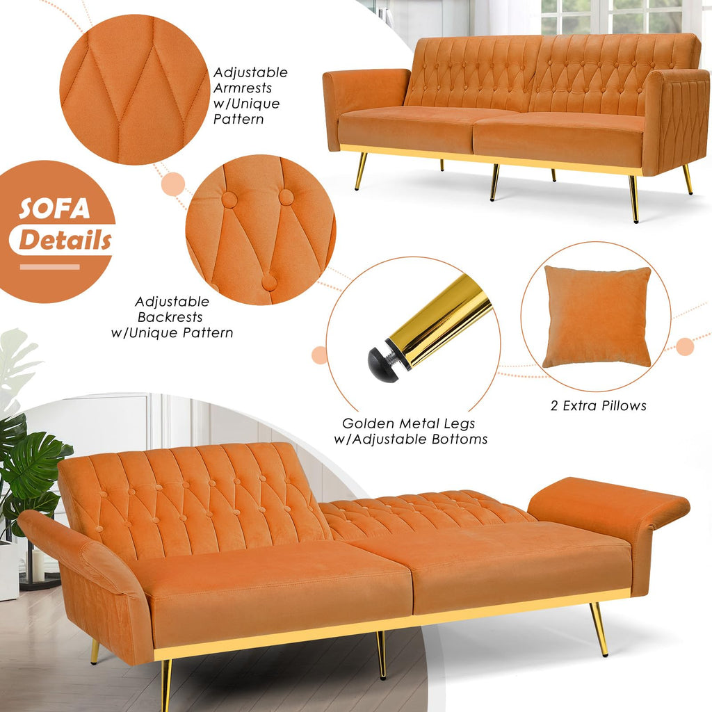 70" Velvet Futon with Adjustable Backrest and Armrests J7398