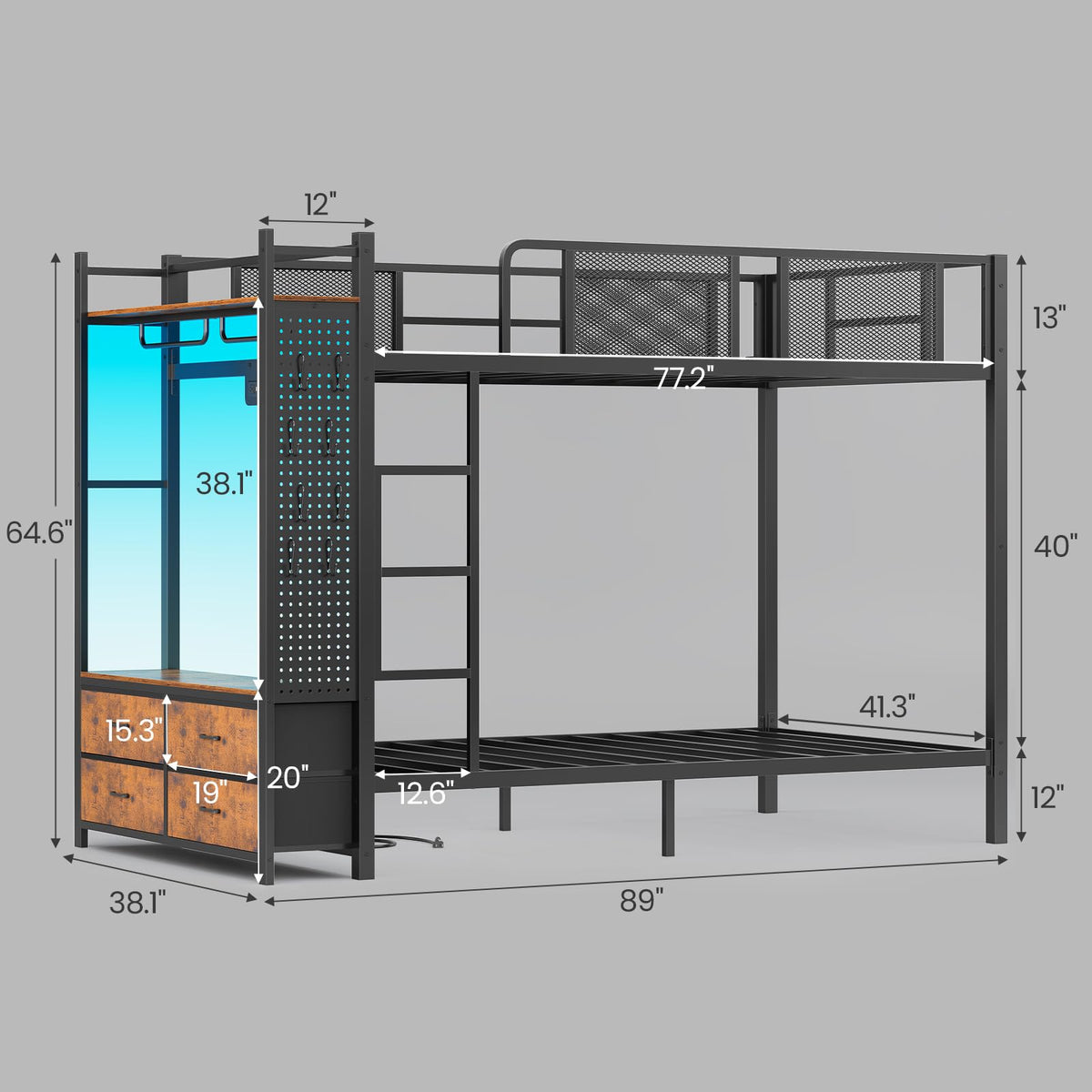 Twin Over Twin Metal Bunk Bed with Hall Tree and 4 Storage Drawers V271482