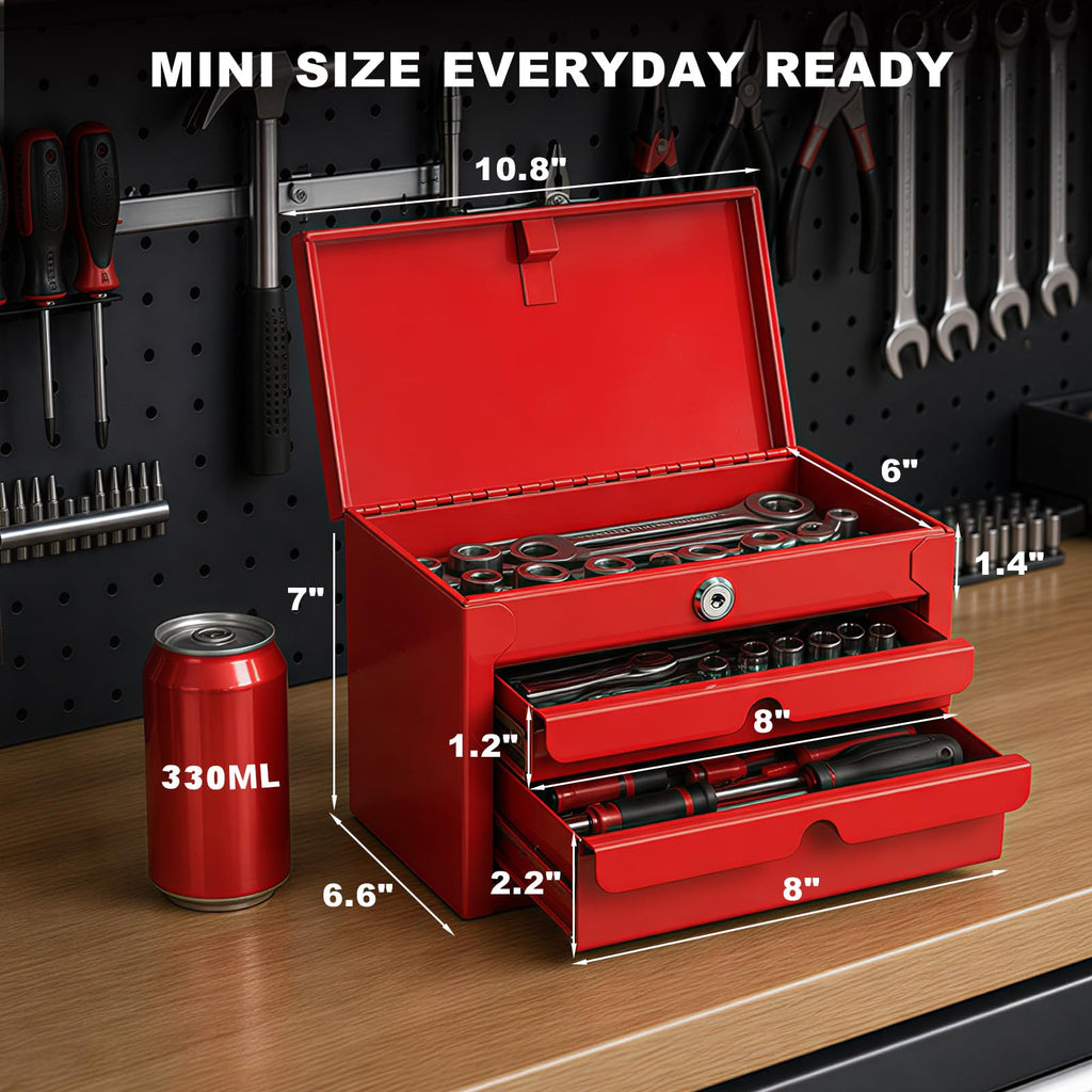 Mini Tool Box with Two Drawers and Lockable Top Storage, Red H81404