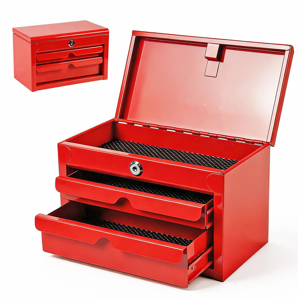 Mini Tool Box with Two Drawers and Lockable Top Storage, Red H81404