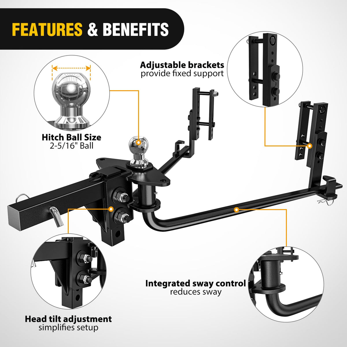 800 lbs Round Bar Weight Distributing Hitch Kit with Sway Control F266