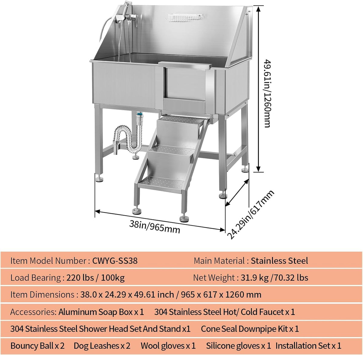 38" Stainless Steel Dog Grooming Tub with Ramp Q6458