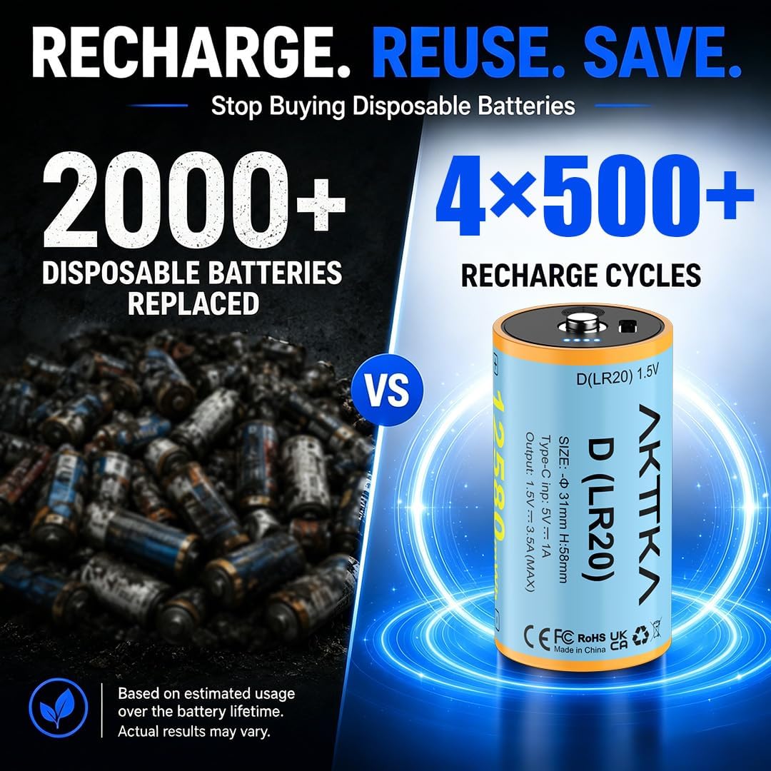 4 Pack Rechargeable D Batteries 1.5V Lithium O919397