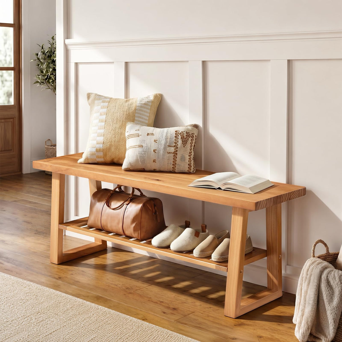 Pine Wood Entryway Bench with Shoe Storage Shelf M779226