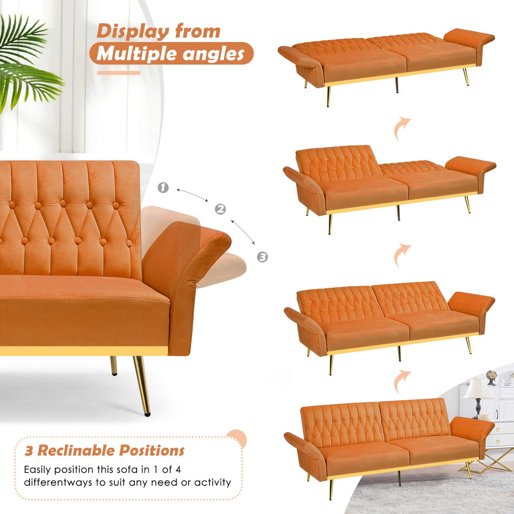 70" Velvet Futon with Adjustable Backrest and Armrests J7398