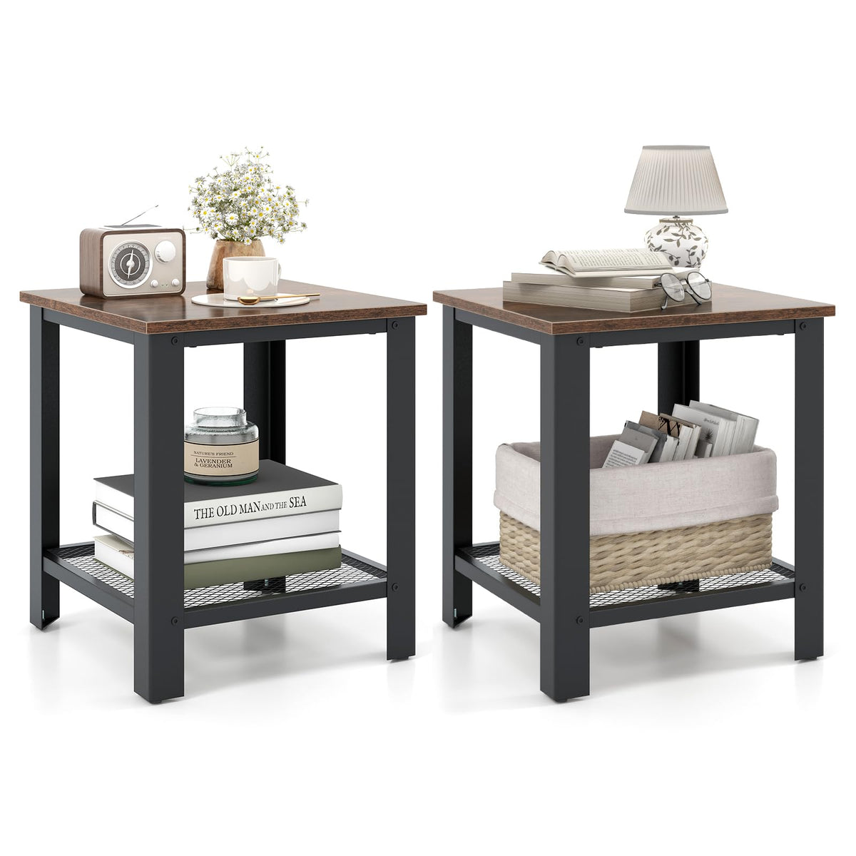 2-Tier End Table Set of 2, 16 Inch Side Table with Mesh Storage Shelf L22311