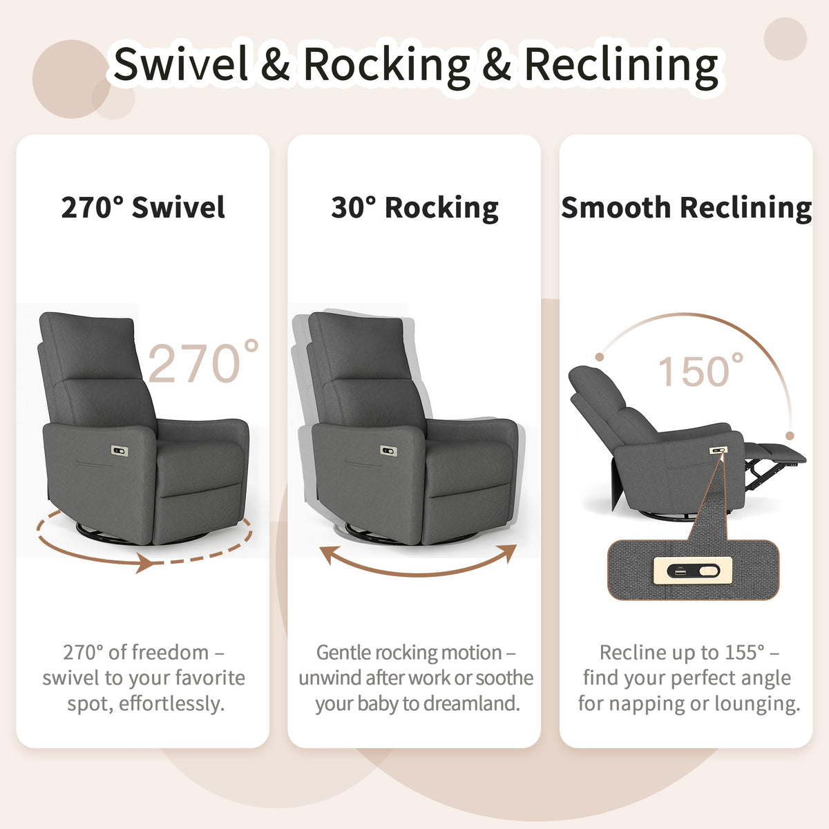 Dark Gray Velvet Swivel Recliner Chair Q788142