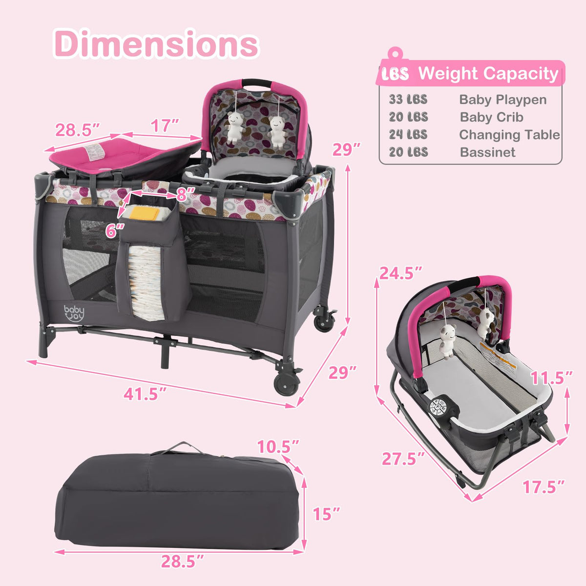 Pink Portable Baby Playard with Bassinet and Changing Station Z892349