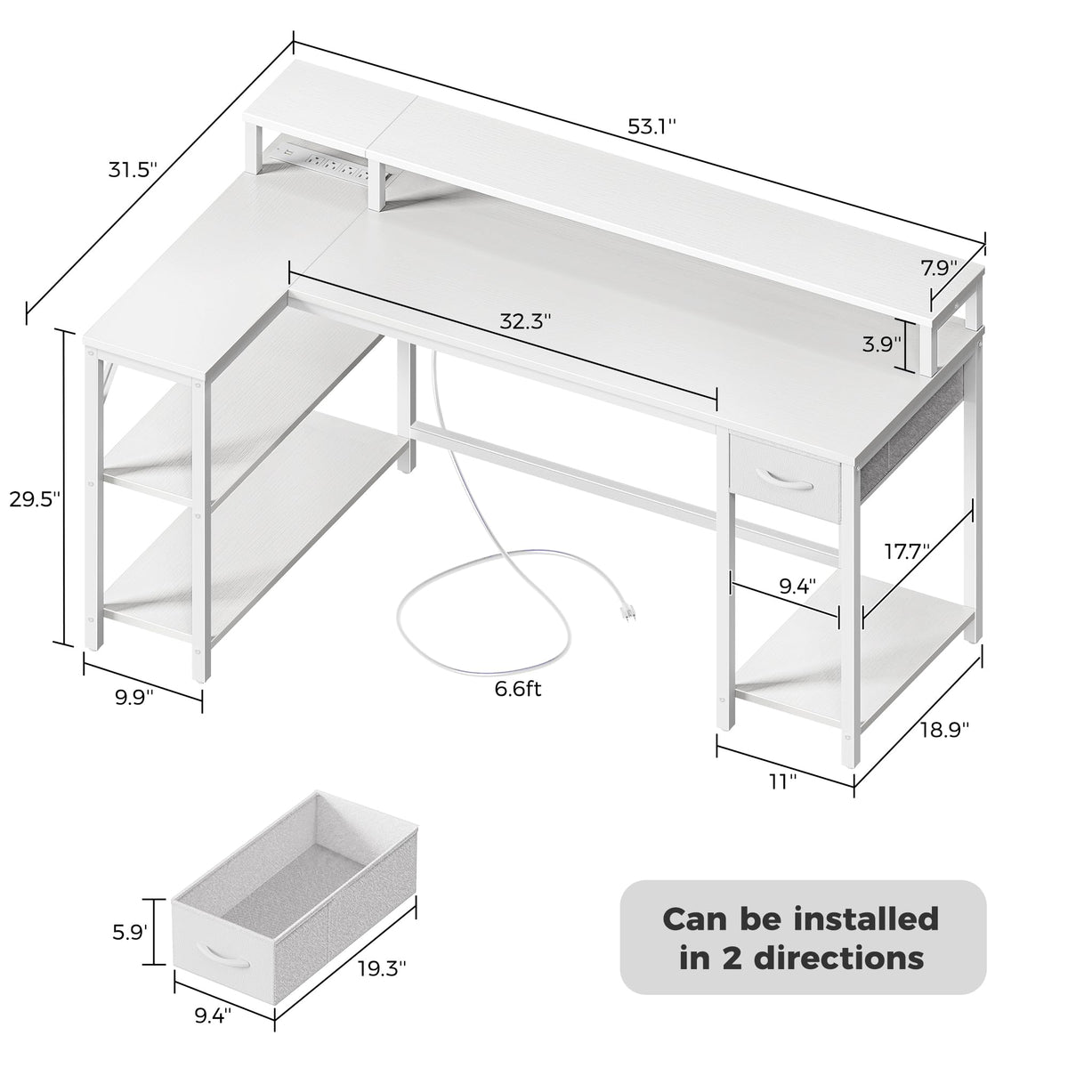 53 inch Reversible L Shaped Desk with LED Lights & Power Outlets N490975
