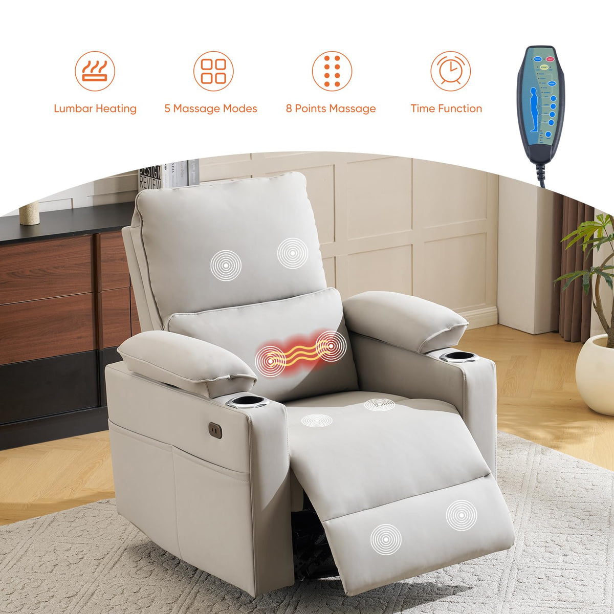 Oversized Power Swivel Rocker Recliner with Heating and Massage, Faux Leather, Grey C284