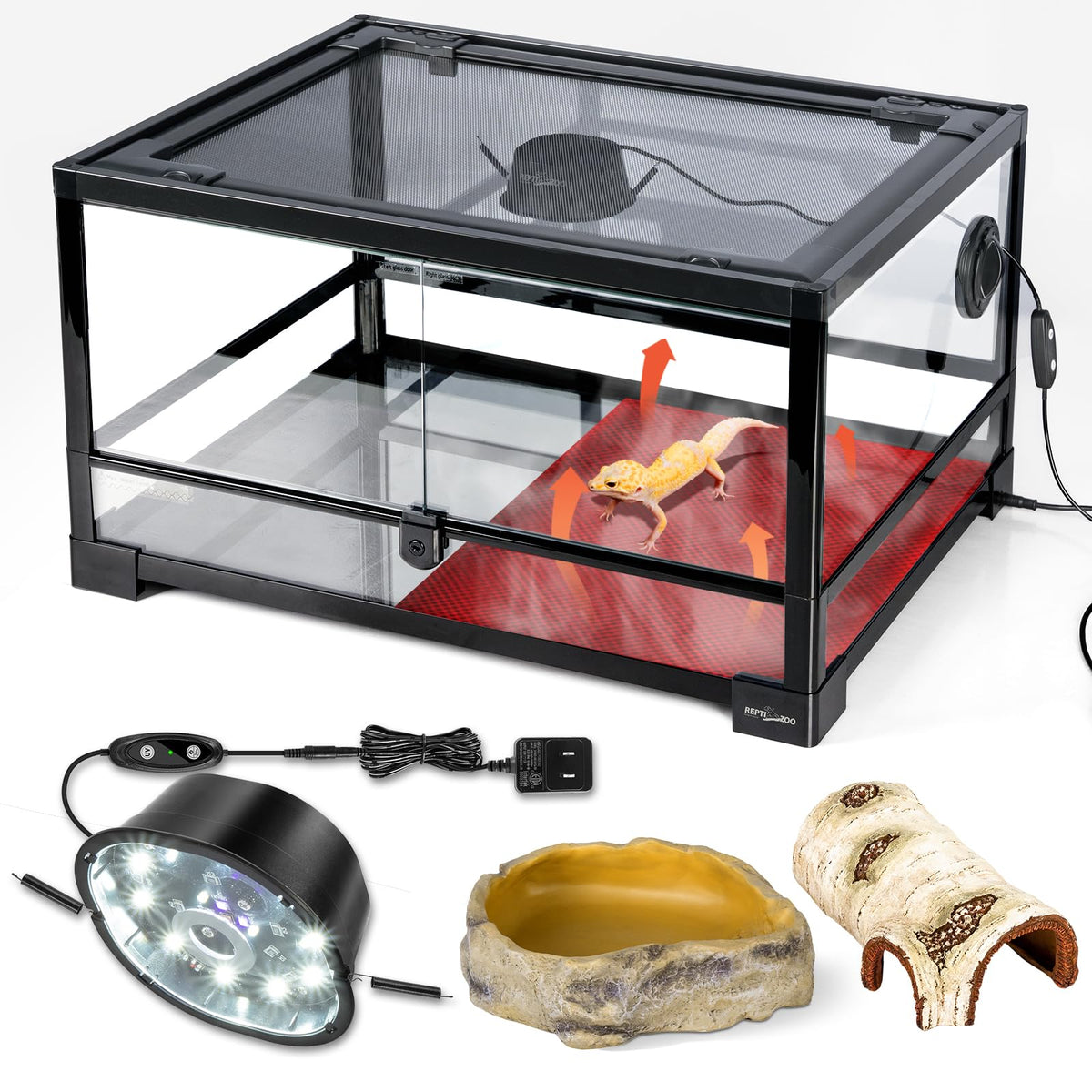 20 Gallon Reptile Terrarium Starter Kit with Heating System Thermostat UVB Light Hide Cave Feeding Dish Q468000
