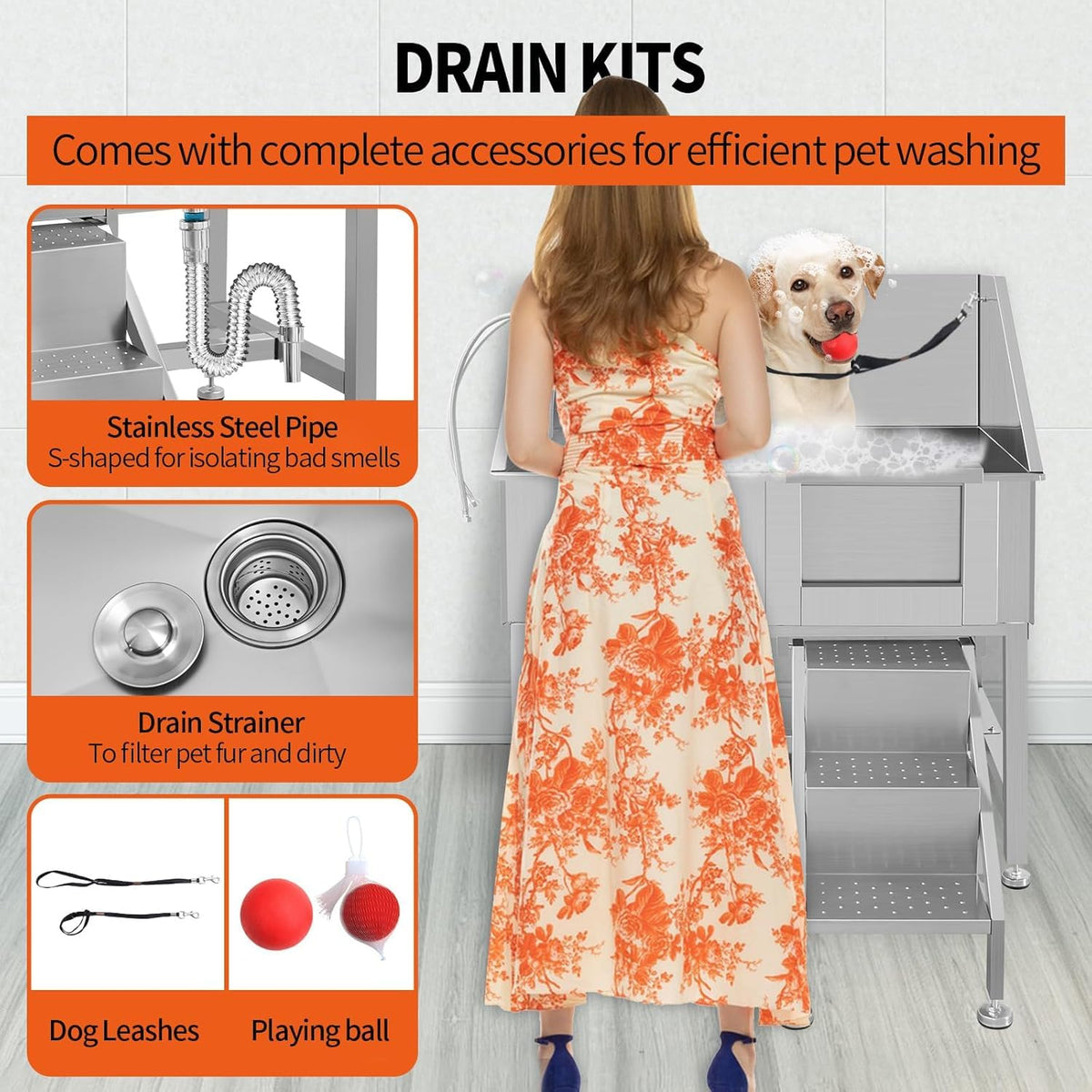 38" Stainless Steel Dog Grooming Tub with Ramp Q6458
