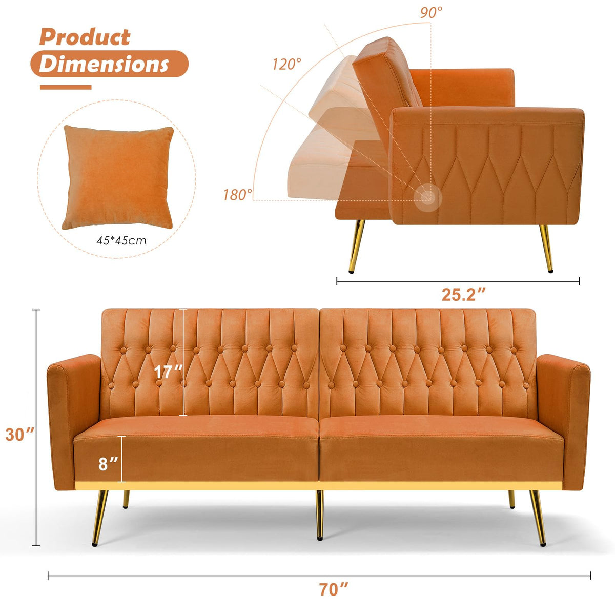 70" Velvet Futon with Adjustable Backrest and Armrests J7398
