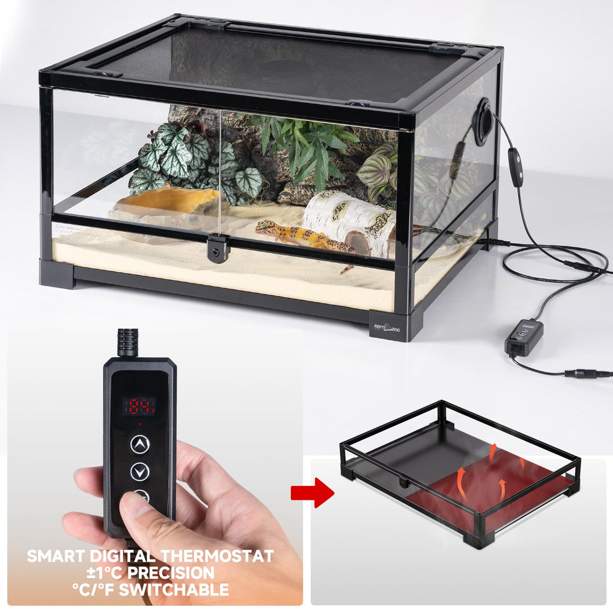 20 Gallon Reptile Terrarium Starter Kit with Heating System Thermostat UVB Light Hide Cave Feeding Dish Q468000
