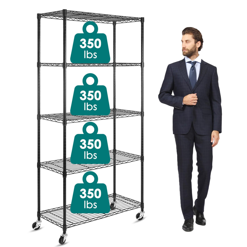 5-Shelf Adjustable Heavy Duty Metal Shelving Unit with Wheels, Black R11753