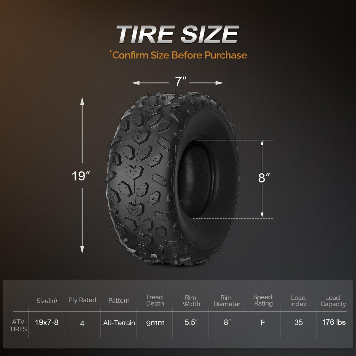 19x7-8 Tubeless ATV UTV Tires Set of 2 Y99144