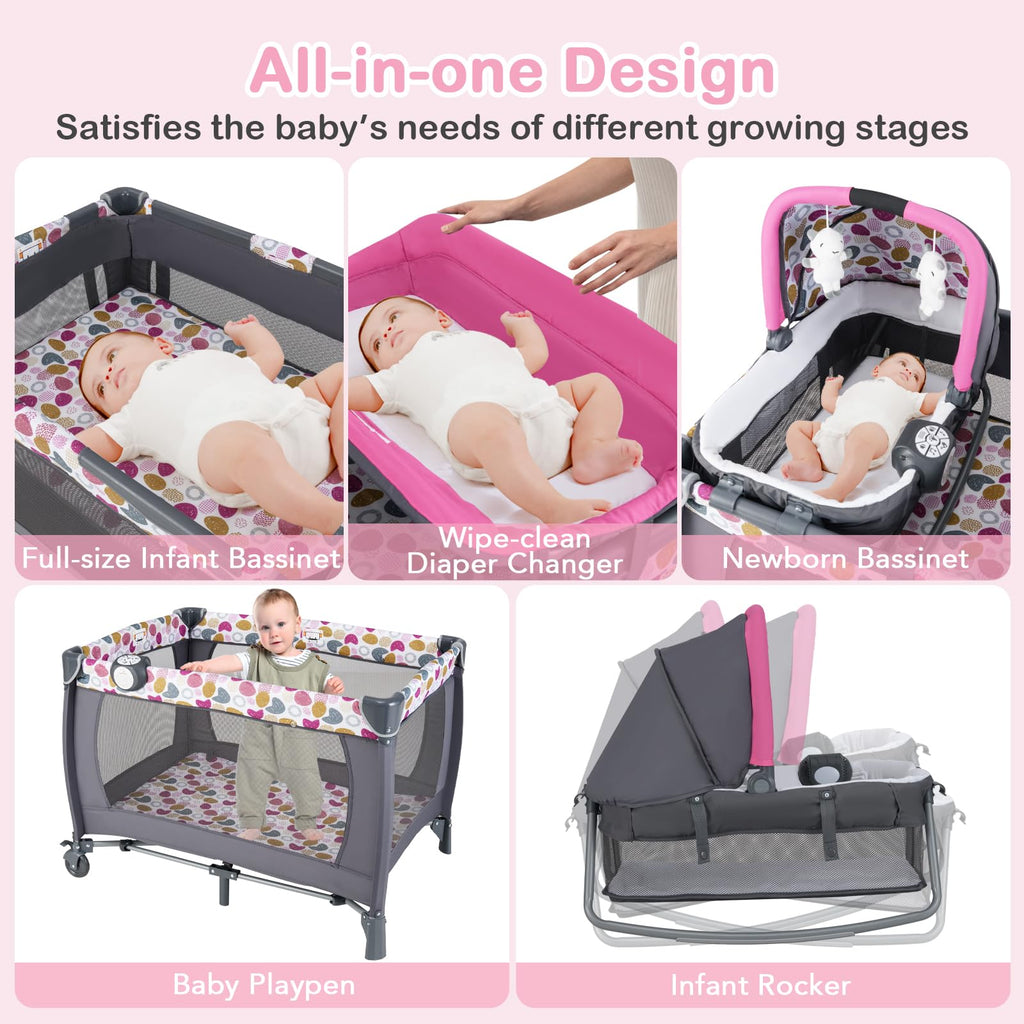 Pink Portable Baby Playard with Bassinet and Changing Station Z892349