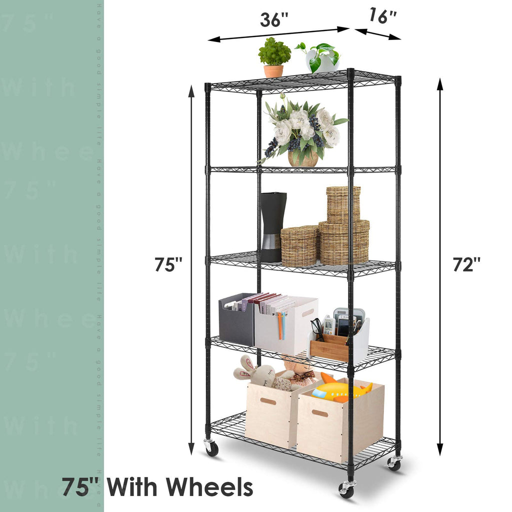 5-Shelf Adjustable Heavy Duty Metal Shelving Unit with Wheels, Black R11753