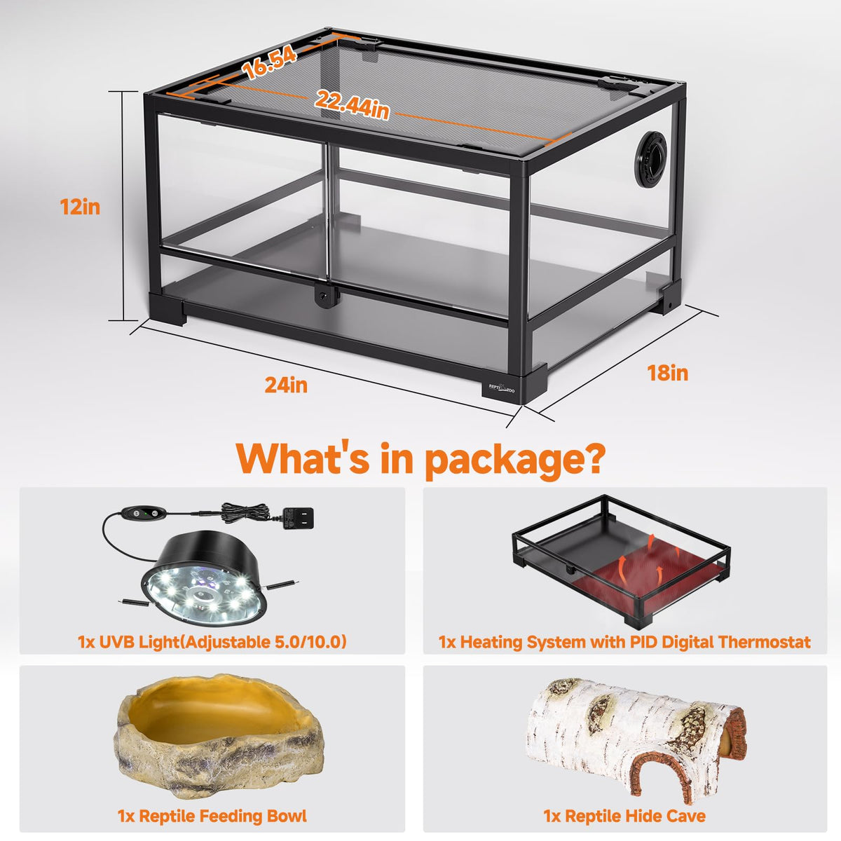20 Gallon Reptile Terrarium Starter Kit with Heating System Thermostat UVB Light Hide Cave Feeding Dish Q468000