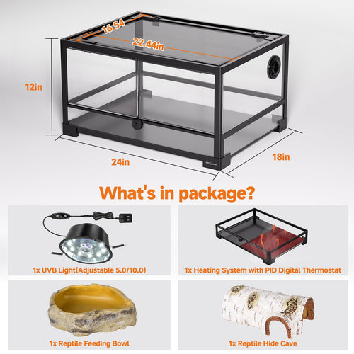 20 Gallon Reptile Terrarium Starter Kit with Heating System Thermostat UVB Light Hide Cave Feeding Dish Q468000