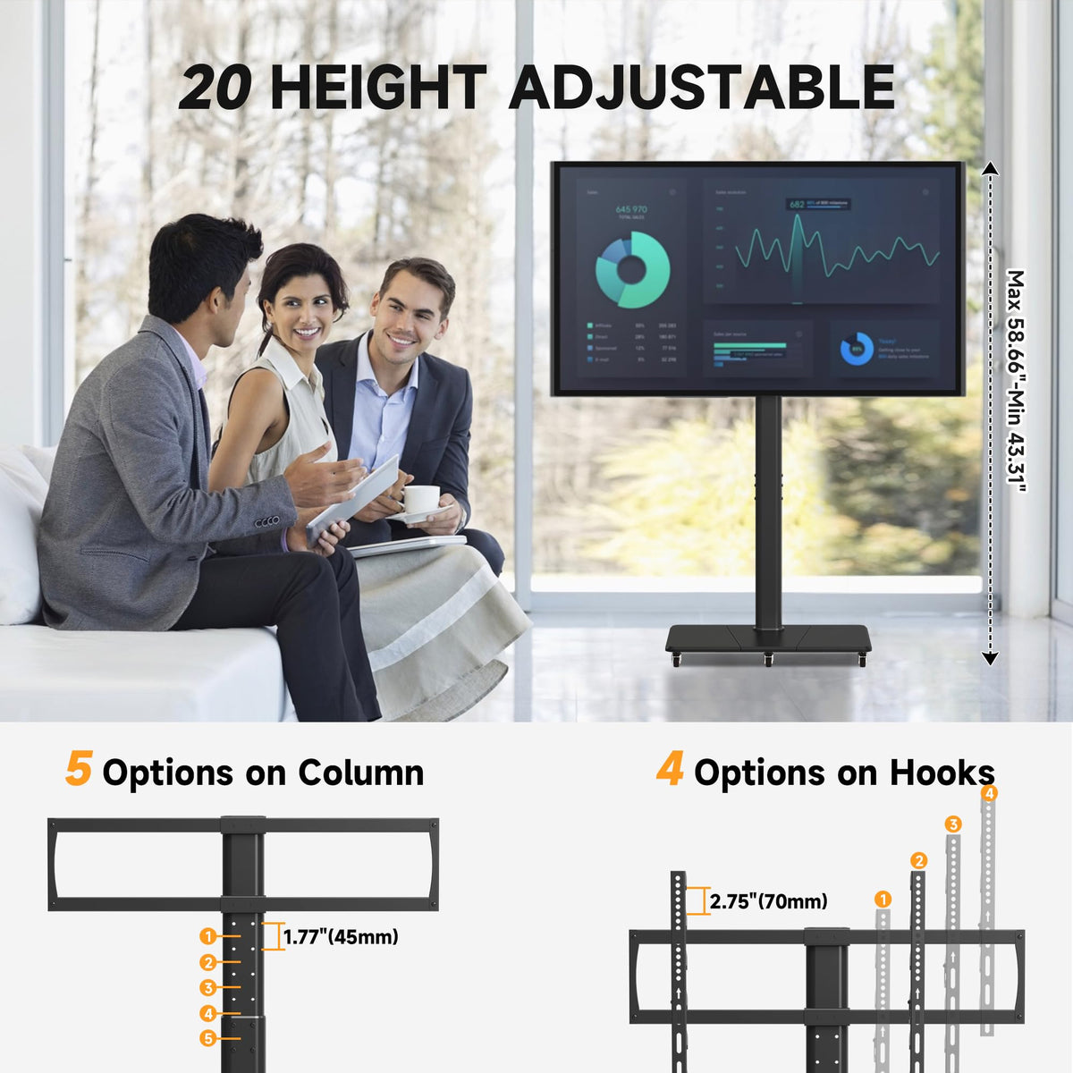 Tall Floor TV Stand for 32-75" TV with Wheels D99748
