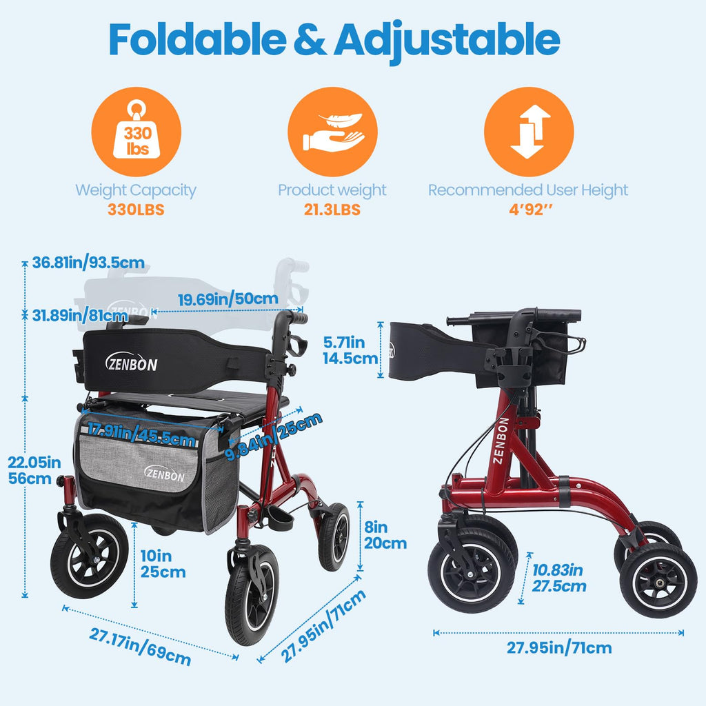 Foldable Rolling Walker with Seat 330 lbs Capacity 10 inch Wheels E871643