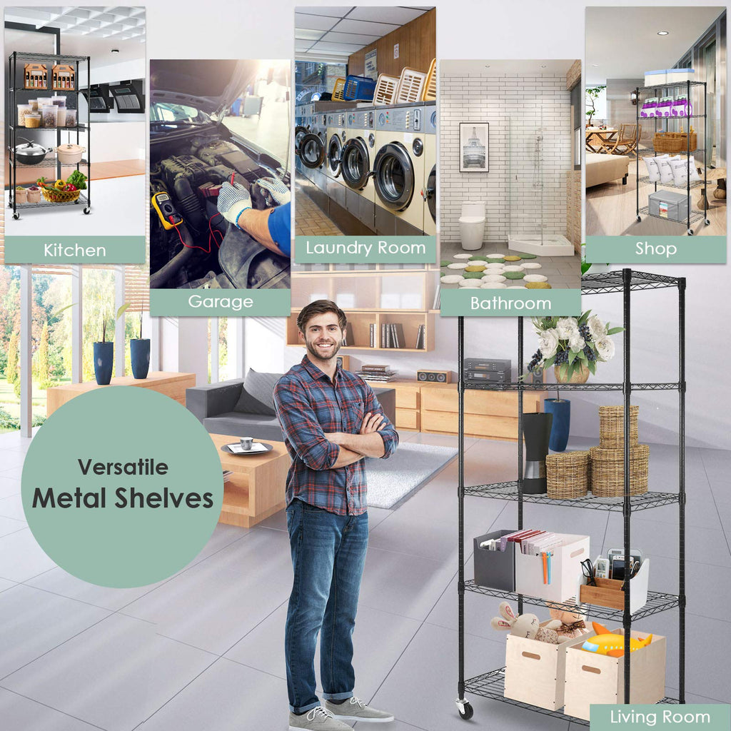 5-Shelf Adjustable Heavy Duty Metal Shelving Unit with Wheels, Black R11753