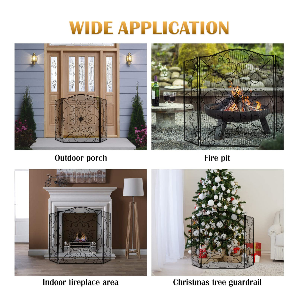Black 3 Panel Foldable Wrought Iron Fireplace Screen R7630