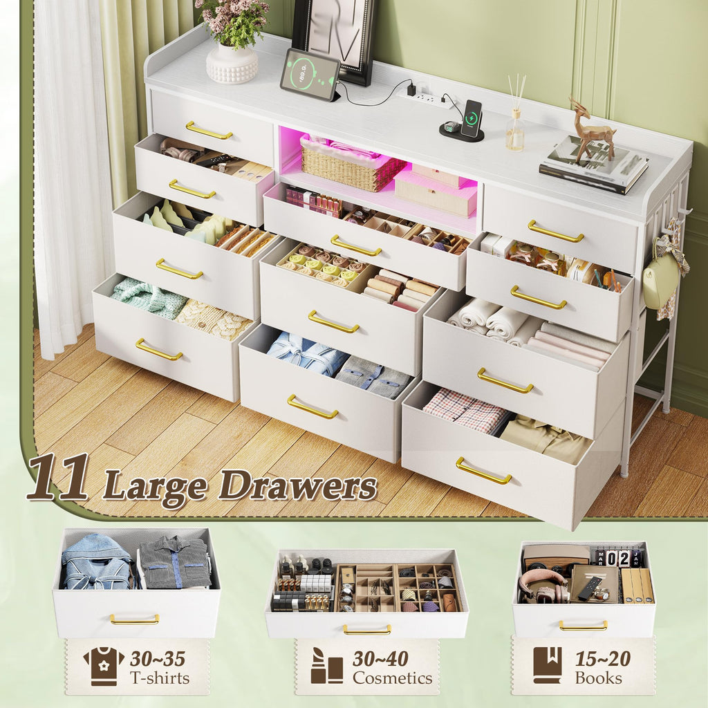 LED Dresser with Charging Station, 11 Drawers & 4 Hooks I25844