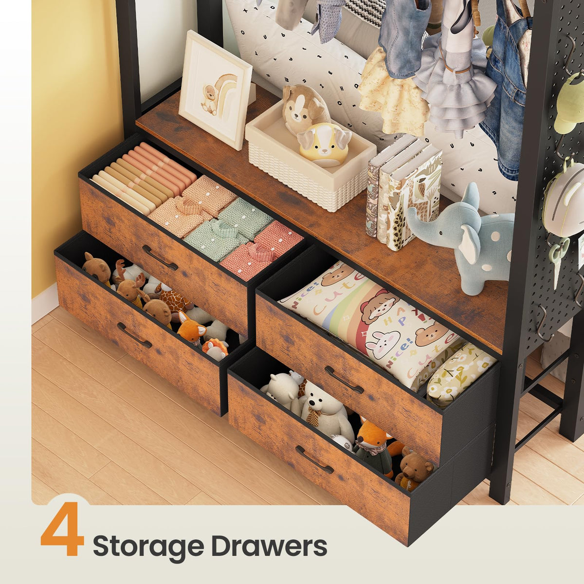 Twin Over Twin Metal Bunk Bed with Hall Tree and 4 Storage Drawers V271482