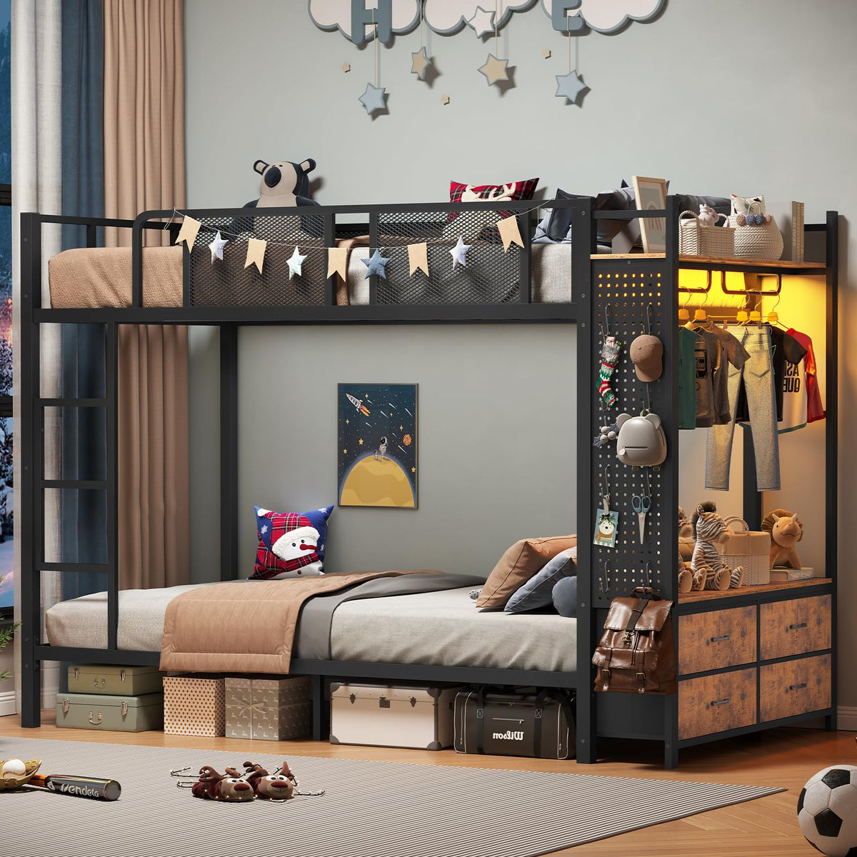 Twin Over Twin Metal Bunk Bed with Hall Tree and 4 Storage Drawers V271482
