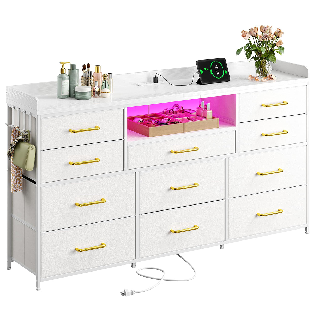 LED Dresser with Charging Station, 11 Drawers & 4 Hooks I25844