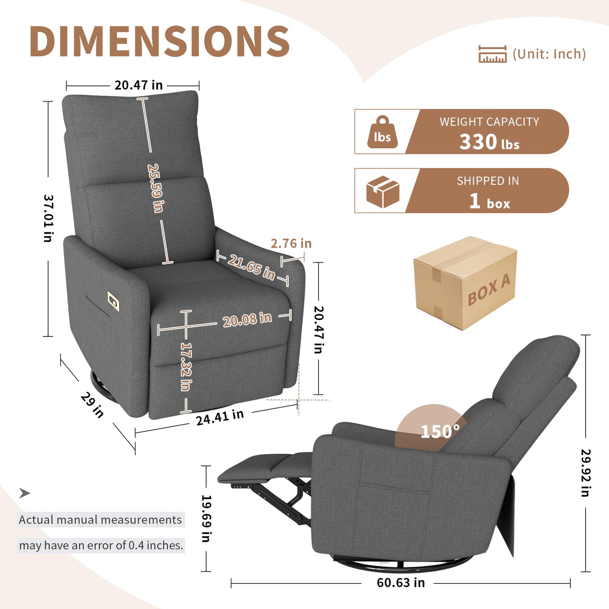 Dark Gray Velvet Swivel Recliner Chair Q788142